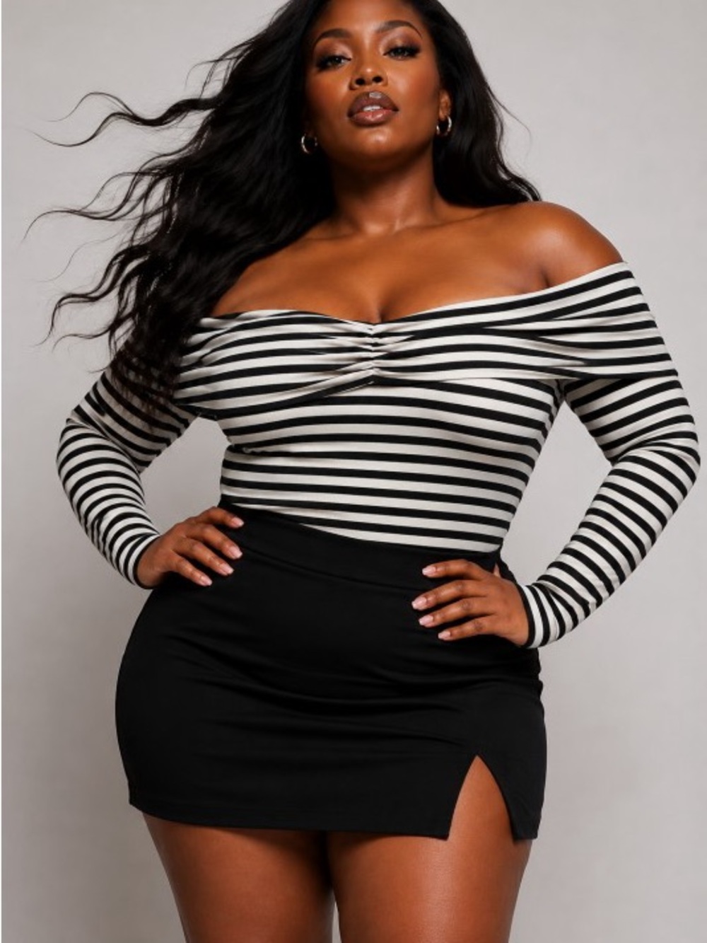 Off-Shoulder Black & White Striped Long-Sleeve Top